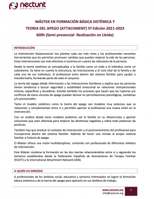 Máster en formación básica sistémica y teoria del apego (attachment) 5a Edición 2021-2023 600h (Semi presencial- Realización en Lleida)